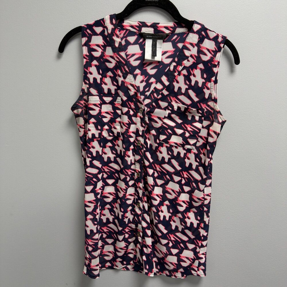BCBGMAXAZRIA Sleeveless Blouse Womens Small Pink Blue Print Button Front Top